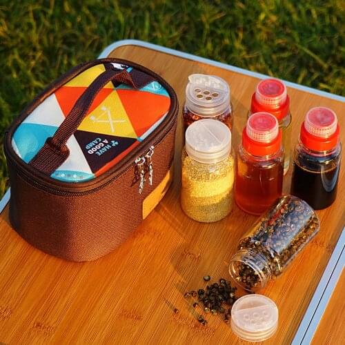 6pcs Outdoor Camping Tableware Storage Container Seasoning Bottles Cans With A Bag For BBQ Portable Picnic