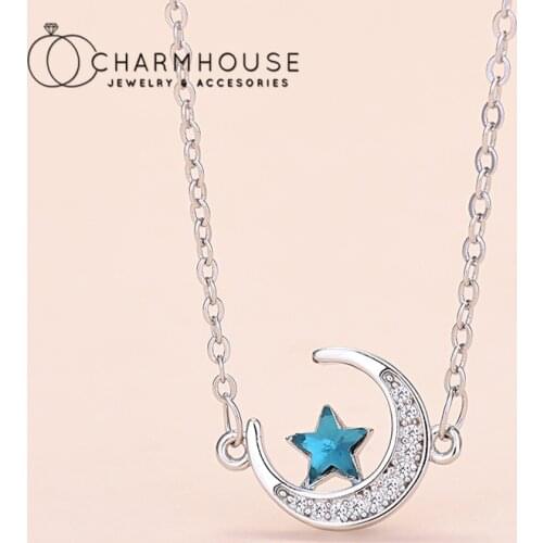 Pure Silver Necklaces For Women Star Moon Crystal Pendant Necklace Choker Chain Collier Femme Wedding Jewelry Accessories Gifts