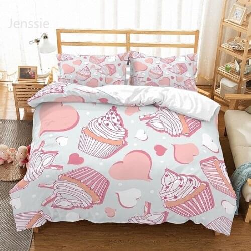 Pink White Cupcakes Heart Shapes Comforter Cover with Pillowcase 2/3 Piece Kids Cartoon Food Bedding Set Adult Bedroom Bed Cover