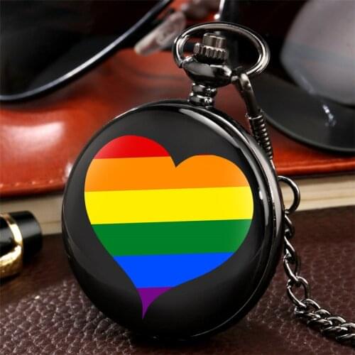 Colorful Heart Pattern Printed Antique Black Quartz Pocket Watch Fob Chain Pendant Pocket Clock