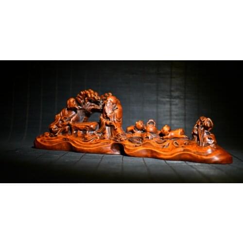 Home Decor 10" China Lucky Boxwood Hand-carved Old man playing chess statue penholder Always have fun Office Supplies