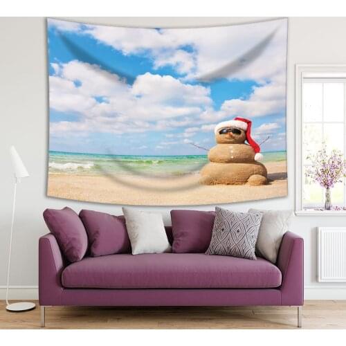 Tapestry Sandy Snowman Wearing Sunglasses Ocean Fluffy Clouds Beach Summertime Holiday Photo Beige Blue