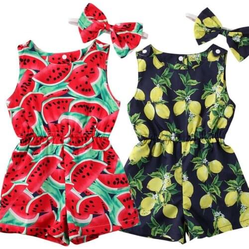 2Pcs Toddler Girls Romper Cute Toddler Kids Baby Girls Watermelon Lemon Sleeveless Romper Jumpsuit Overalls Outfits Sunsuit 1-6Y