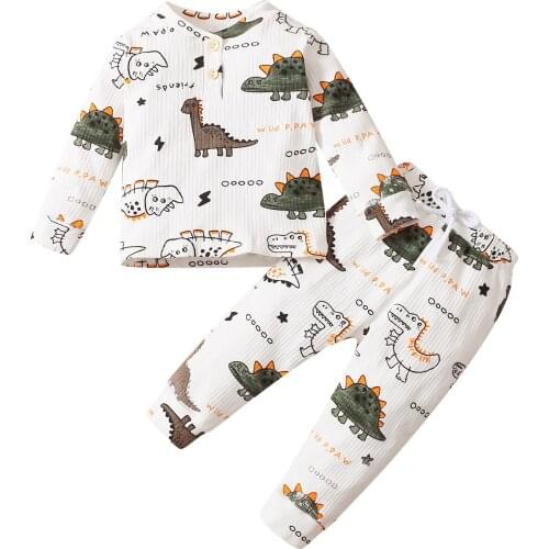 Kids Spring Tracksuit, Dinosaur Print Henley-Neck Long Sleeves Tops + Tied Waist Pants for Little Boys, 1-5 Years