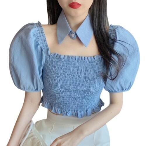 Summer Womens Slash Blouse Short Casual Top Puff Sleeve Bow Patchwork Shirrt Sweet Clothing Korea Tops