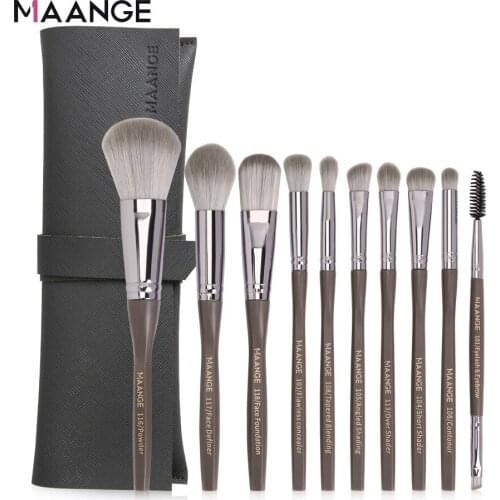 MAANGE 10 Pcs Makeup Brushes Set with Bag Professional Cosmetic Eyebrow Powder Foundation Eyeshadow Blending Brush Make Up Tools