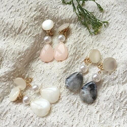 New Sweet Teardrop Gray Pink White Resin Elegant Pearl Clip Earring