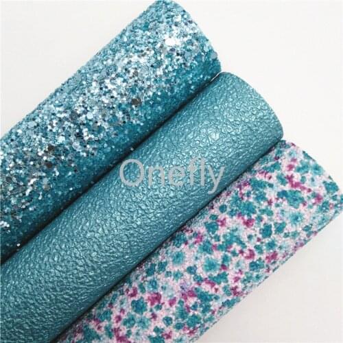 Onefly 21X29CM Blue Glitter Fabric, Flowers Printed Glitter Leather, Solid Faux Sheets For Bow DIY handbags shoes BQ040