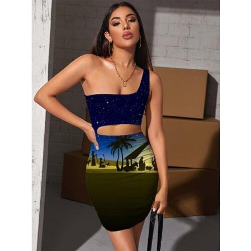 Giyu Brand Galaxy Dress Women Christian Pleating Animal Vestido Sexy Coconut Tree Halter Sleeveless Womens Clothing Mini Evening