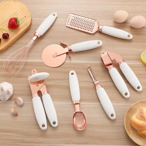 7PC Rose Gold Garlic Press Pizza Cutter Kitchen Gadget Set Can Opener Potato Cooking High-End Kitchenware Kitchen Accessories