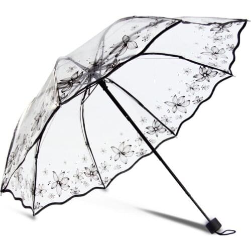 Transparent Thicken Three Fold Women Rain Umbrella Romantic PVC Clear Automatic Umbrellas Flower Printed Umbrella For Girls Kids