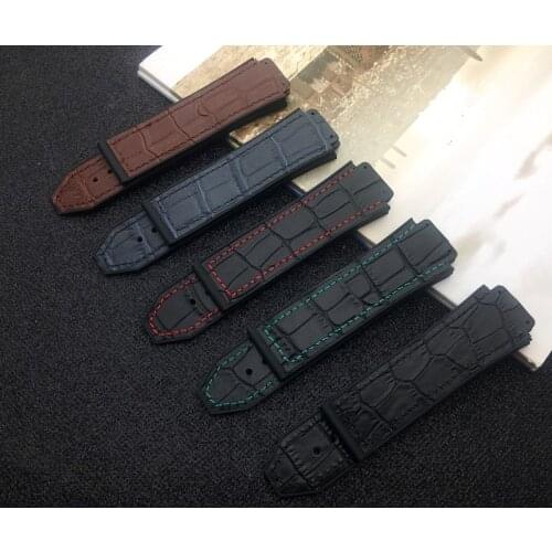 Black Brown Blue 25*19mm Italy Leather Rubber silicone Watchband for Hublot strap for Big Bang belt Watch band fusion F1 logo on