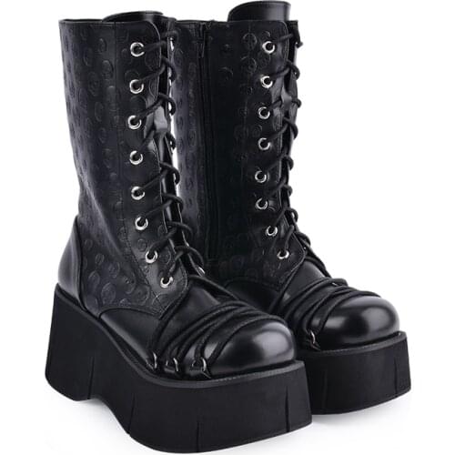 Angelic imprint PU Leather Round Toe Punk style Lolita boots High Boots Stars Lolita Shoes 137