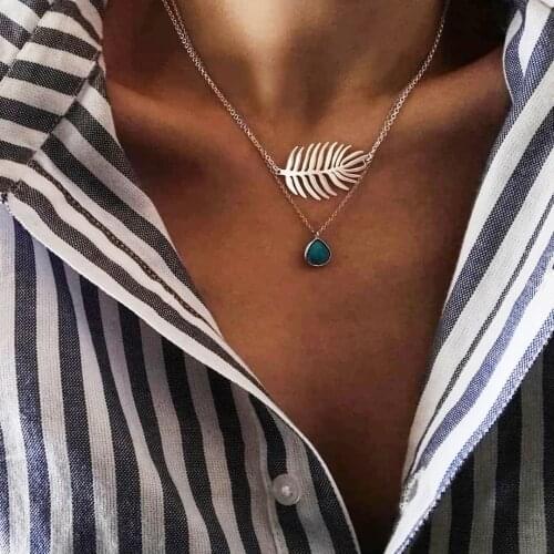 Silver Color Leaves Necklaces Big Leaf Blue Water drop Beads Pendant Feather Charm Jewelry Women Double Link Chains Accessories