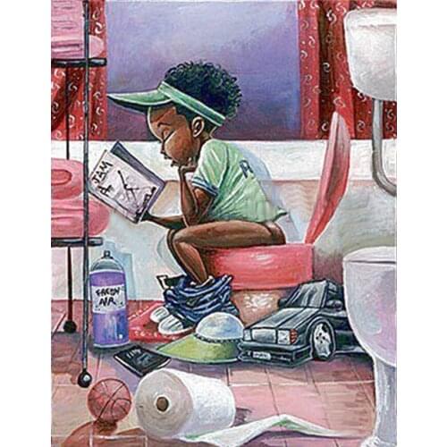 Bathroom decoration,5d diamond painting Boy on the toilet reading book Embroidery diamond Mosaic square round diamond picture