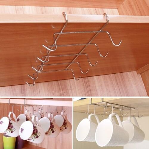 Stainless Steel Hanger Hooks Cupboard Coffee Cup Holder Drainer Hanger Closet Under Shelf 8 Hook for Storage Cup Glass and Mug