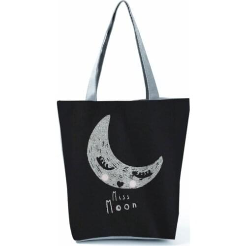 Sleep Mooning Printed Black Womens Bag Fashion Beautiful Shoulder Bags Eco Friendly Shopping Bag High Capacity Travel Handbags