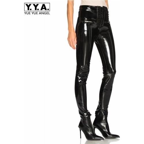 Spring Punk Leather Pants Women Street Bandage Cross Skinny Pencil Pants European Black Zipper PU Leather Trousers Women