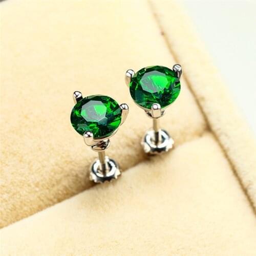Female 6/7/8mm Natural Emerald Green Stone Earrings Real 925 Sterling Silver Earrings For Women Charm Small Screw Stud Earrings