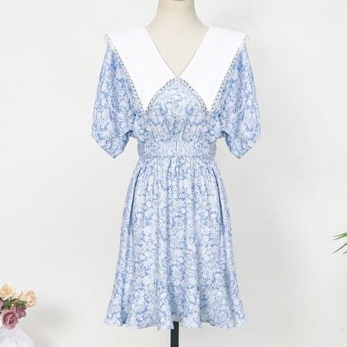 Sky Blue Floral Dress for Women 2021 Summer Dress White Sailor Collar Batwing Sleeve Elastic Waist Short Mini Dress Vestidos