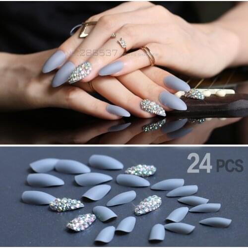 Matte Gray Press On Nails Bling Nail Art False Short Pointed Soft fake stiletto nails full cover with Jelly glue 24pcs