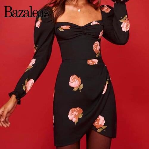 Bazaleas Elegant Rose Floral Print Black Long sleeve women dress Retro Side Ruched Dresses Vintage Elastic vestido