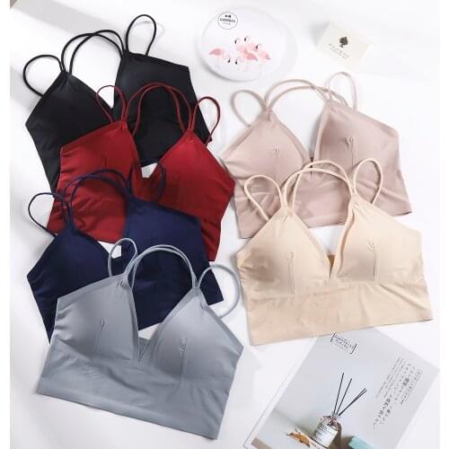 Women Tank Crop Top Seamless Underwear Female Deep V Lingerie Top Cross Strap Sexy Women Silk Top Padded Camisole