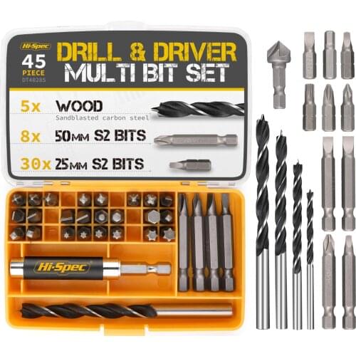 Hi-Spec NEW 44pc Wood Masonary Drill Set S2 Steel Screwdriver Bits Power Drilling Tools Repair Hand Tools Kit in Storage Case