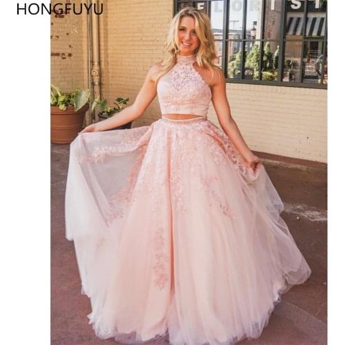 HONGFUYU A Line Two Pieces Prom Dresses Embroidery Lace Vestidos Party Gowns Beading High Neck Formal Evening Dress Tulle Prom