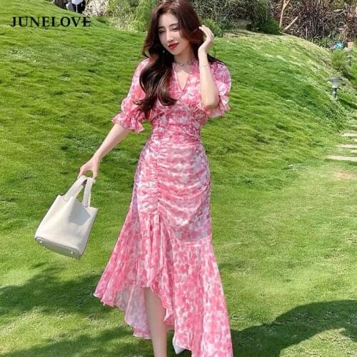 JuneLove 2021 Summer Vintage Floral Split Dress Women French Elegant Party Long Print Dress Irregular V Neck Holiday Beach Dress