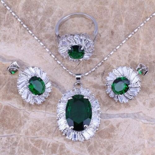 Green Cubic Zirconia White CZ Silver Plated Jewelry Sets Earrings Pendant Ring Size 5 / 6 / 7 / 8 / 9 / 10 S0090