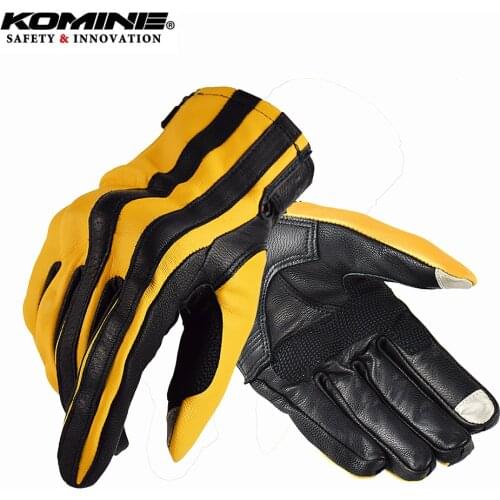 KOMINE Men Vintage Leather Motorcycle Gloves Street Chopper Full Finger Outdoor Motorbike Gloves Motocross Guantes Moto Yellow