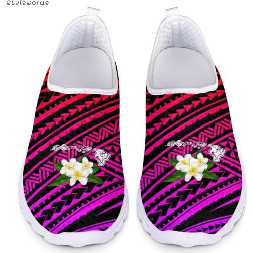 ELVISWORDS Gradient Polynesian Hibiscus Flower Printed Casual Ladies Sneakers Flats Comfortable Womens Walking Shoes Lazy Shoes