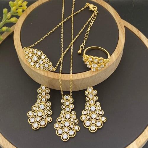 Lanyika Fashion Jewelry Set Luxury Vivid Duckweed Zirconia Pave Necklace with Earrings, Bracelet and Ring for Woman Banquet Gift