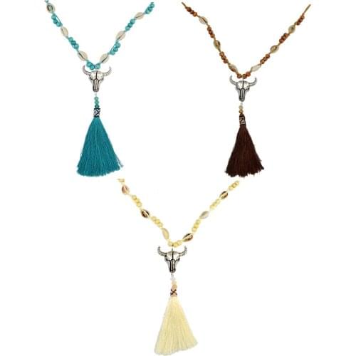 Best Selling New Bohemian Handmade Rope Chain Wood Beaded Shell Pendant Necklace Rope Tassel Lady Necklace