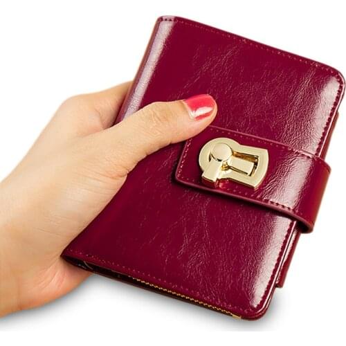 Small Wallet for Women Genuine Leather Designer Metal Lock Luxury Short Female Purses Card Holder Ladies Clutch Coin Money Bags