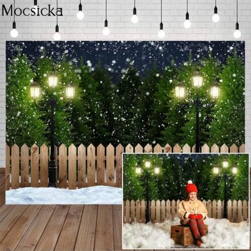 Mocsicka Christmas Winter Snow Photography Backdrops Children Portrait Xmas Photo Studio Background Pine Fence Street Lamp Decor