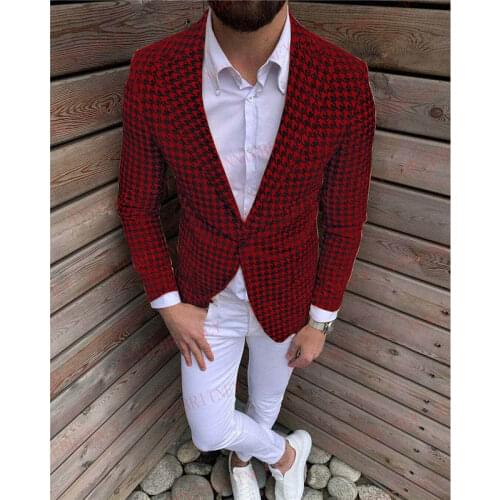 Designers Fashion Houndstooth Suit Men 2Pcs Tailored Slim fit Groom Wedding Suits Tuxedo Blazers for Men Red Jacket White Pants