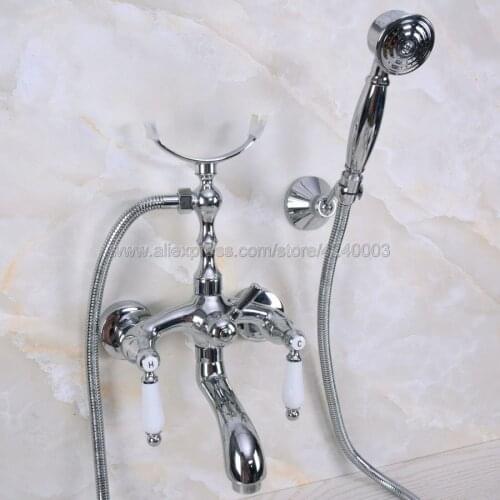 Polished Chrome Bath Shower Faucet Set Dual Knobs Wall Mounted Bathtub Mixers with Handshower Swive Tub Spout Kna247