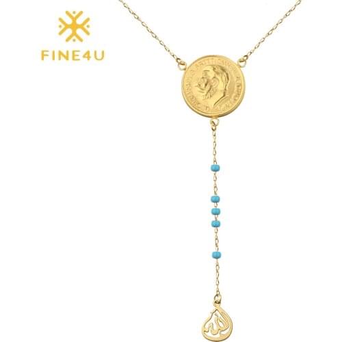 FINE4U N628 Great Britain 1935 George V Gold Color Coin Necklace 3mm Blue Bead Rosary Necklace Islamic Muslims Allah Jewelry