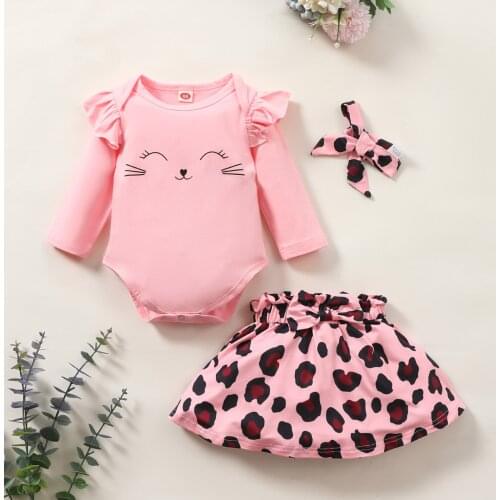 Baby Girl Clothes Infant Baby Boys Girls Cartoon Leopard Print Romper Skirt Dress Hairband Outfits Jumpsuit For Newborns