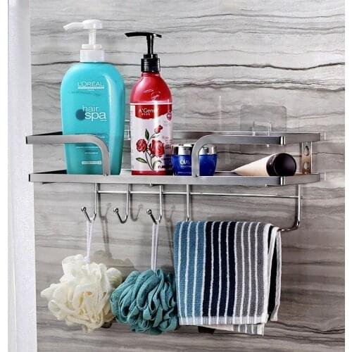 Wholesale 304 stainless steel bathroom shelf toilet free punching bathroom rack kitchen wall storage rack right angle