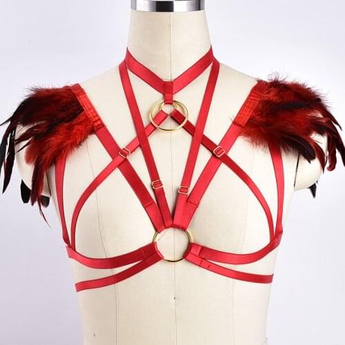 Red Feather Body Harness Belt Epaulettes Goth Lingerie Cage bra Angel Feather Wings Bondage Tops Party Dance Festival Rave