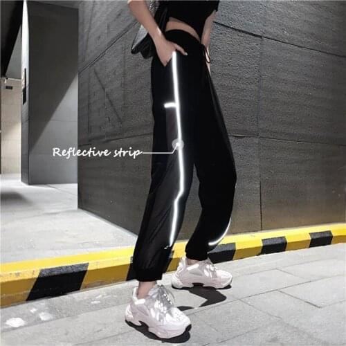 Casual Elastic-waist Harem Lace-up Sweatpants Women Hollow Out Patchwork Reflective Strip Ins Trendy Korean Style Loose Trousers