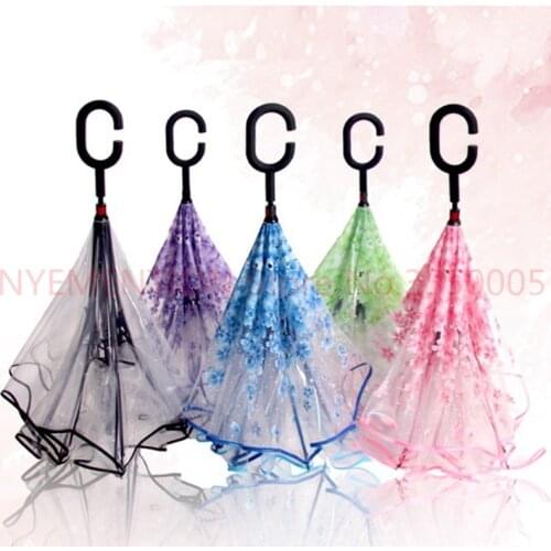2pcs Transparent Reverse Umbrella Double Layer Cherry Blossoms Inverted Umbrella Rain Women C-handle Windproof