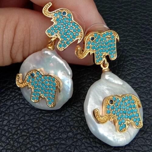Cultured White Coin freshwater Pearl Cubic Zirconia Elephant pave Stud Earrings animal cute earrings party for women
