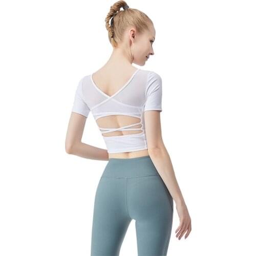 Sport Wear For Women Gym Shirt Gauze Cross Back Breathable Yoga Top Fitness Solid Short Sleeve Crop Top