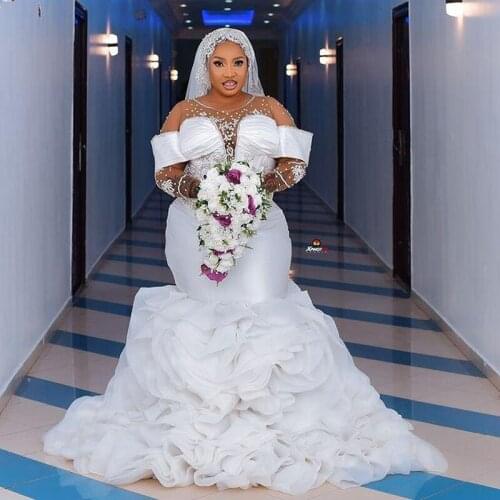 Aso Ebi Mermaid Wedding Dresses Sexy Plus Side Illusion Long Sleeves Beads Plus Size Bridal Dress Ruffles Train vestido de novia