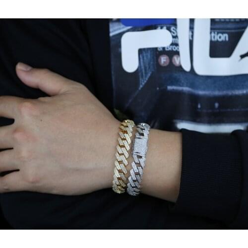 Iced out Men hip Hop bracelet 15mm width sparking bling two row cubic zirconia Cuban link chain hip hop men boy rock bracelet