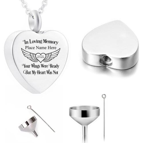 Heart Shaped Cremation Jewelry Stainless Steel Aluminum Alloy Pet Urn Love Heart Angel Wing Necklace With Filling Kit